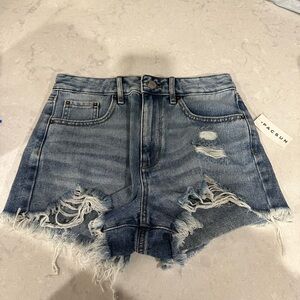 PacSun Medium Indigo Ripped Zip Fly High Waisted Denim Festival Shorts